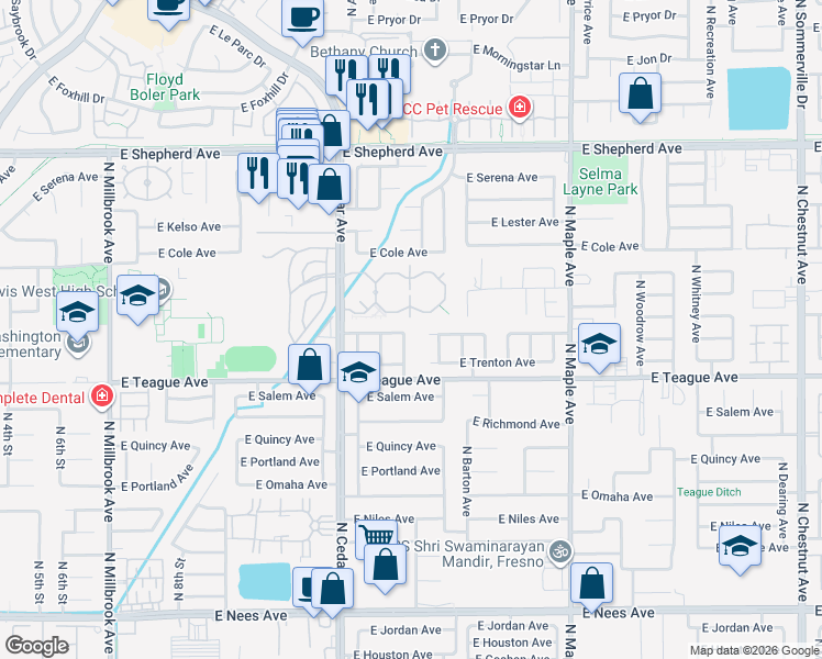 map of restaurants, bars, coffee shops, grocery stores, and more near 8582 North Rowell Avenue in Fresno