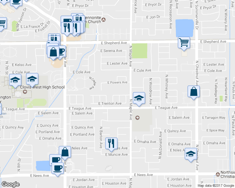 map of restaurants, bars, coffee shops, grocery stores, and more near 1868 East Utah Avenue in Fresno