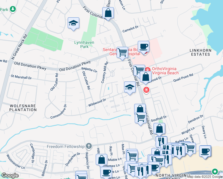 map of restaurants, bars, coffee shops, grocery stores, and more near 1826 Calash Way in Virginia Beach