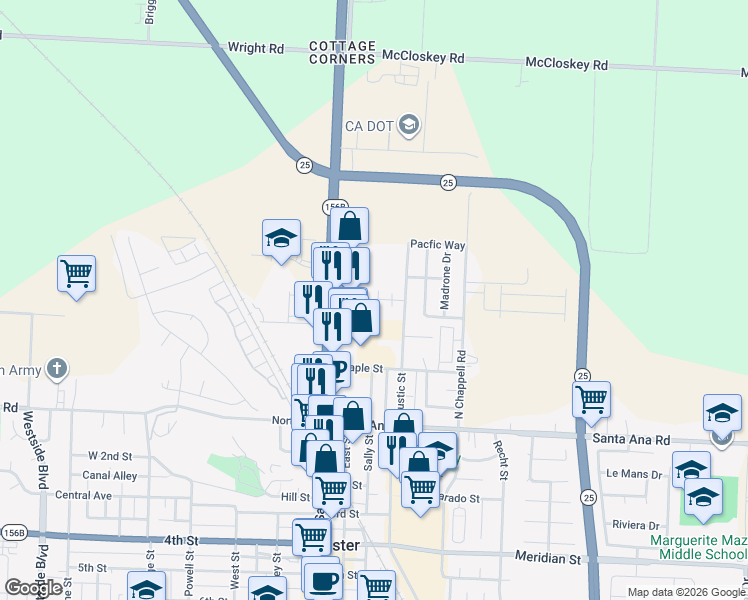map of restaurants, bars, coffee shops, grocery stores, and more near 190 Sierra Court in Hollister
