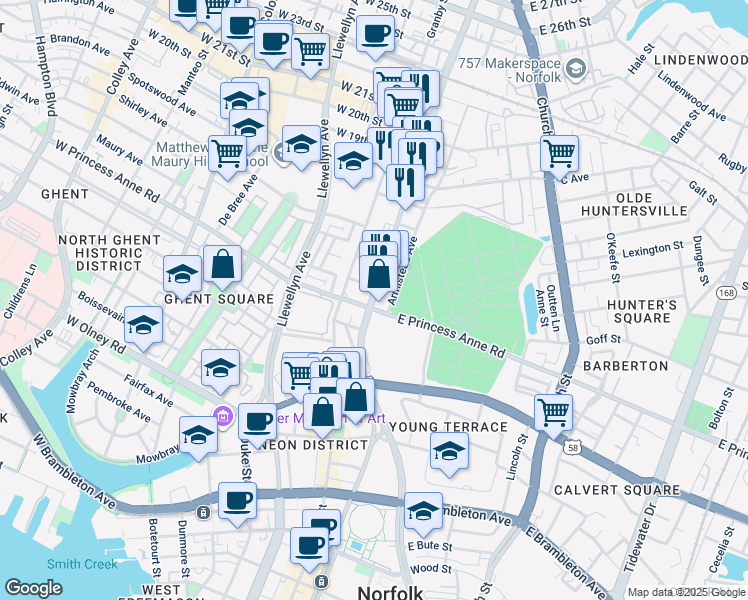 map of restaurants, bars, coffee shops, grocery stores, and more near Monticello Avenue in Norfolk
