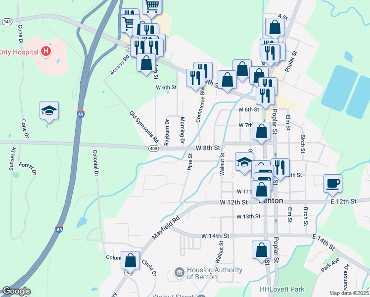 map of restaurants, bars, coffee shops, grocery stores, and more near 700 Oak Level Rd in Benton