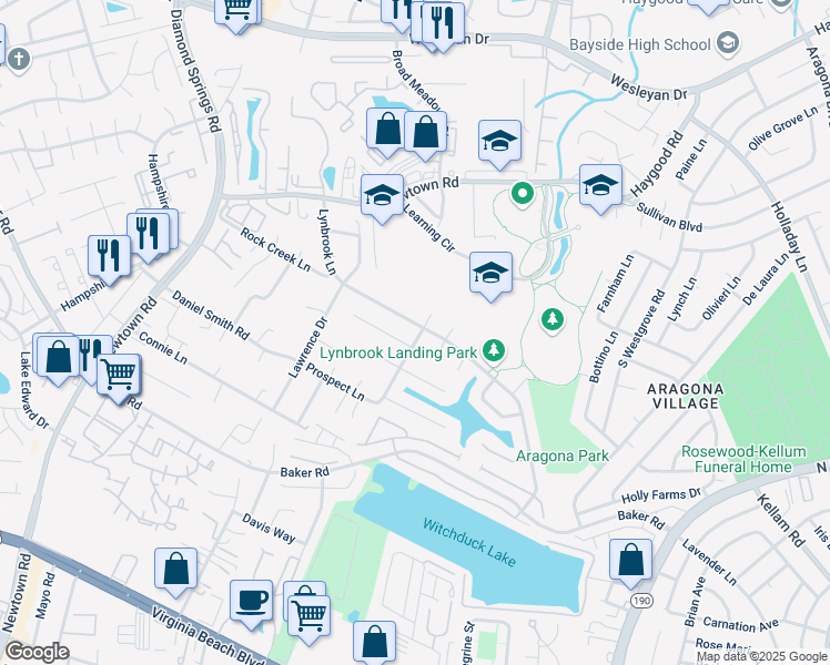 map of restaurants, bars, coffee shops, grocery stores, and more near 5419 Lynbrook Landing in Virginia Beach