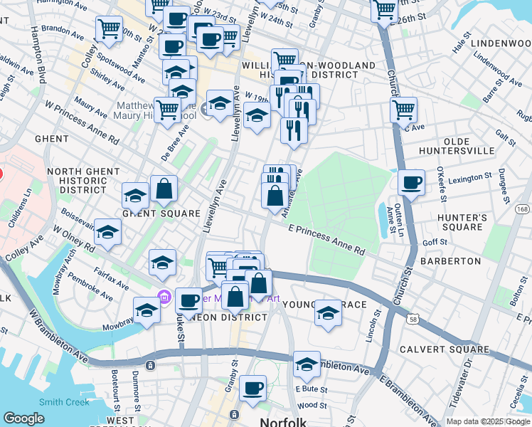 map of restaurants, bars, coffee shops, grocery stores, and more near 1201 Monticello Ave in Norfolk