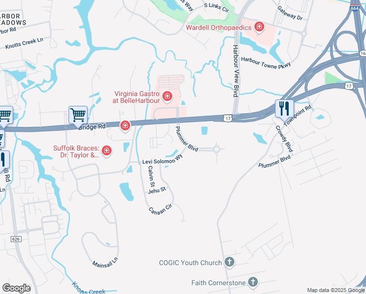 map of restaurants, bars, coffee shops, grocery stores, and more near 4031 Levi Solomon in Suffolk