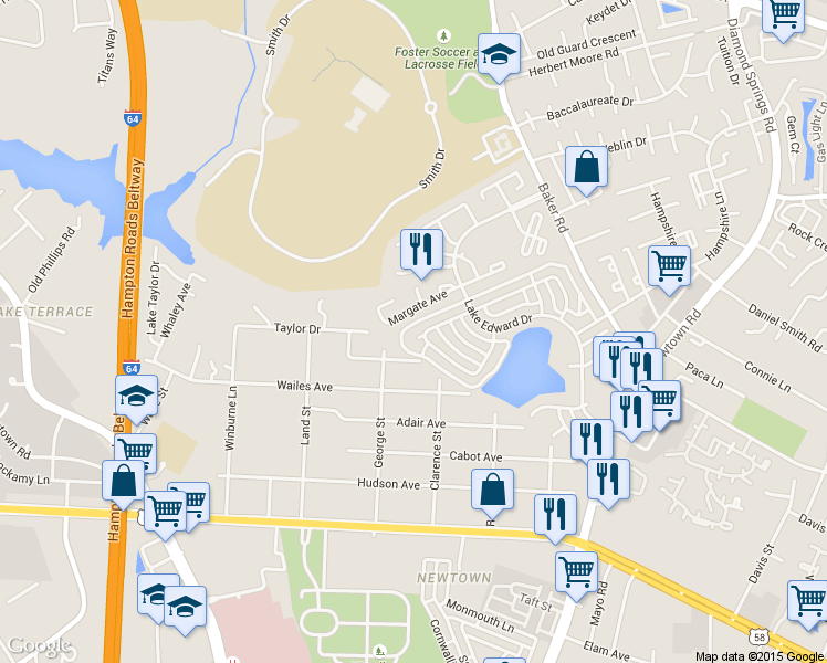 map of restaurants, bars, coffee shops, grocery stores, and more near 5968 Margate Avenue in Virginia Beach