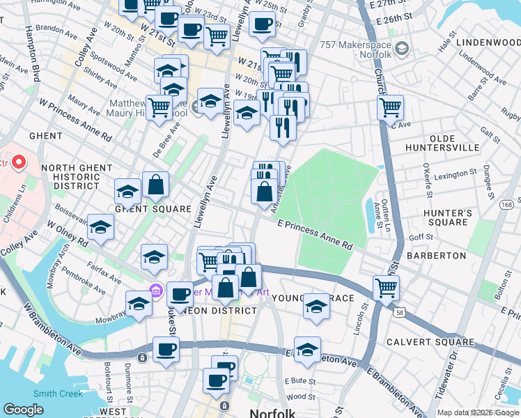 map of restaurants, bars, coffee shops, grocery stores, and more near 1201 Monticello Avenue in Norfolk
