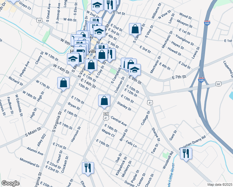 map of restaurants, bars, coffee shops, grocery stores, and more near 1301 Coleman Street in Hopkinsville