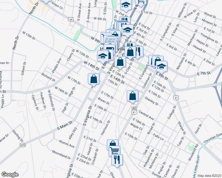map of restaurants, bars, coffee shops, grocery stores, and more near 305 East 16th Street in Hopkinsville