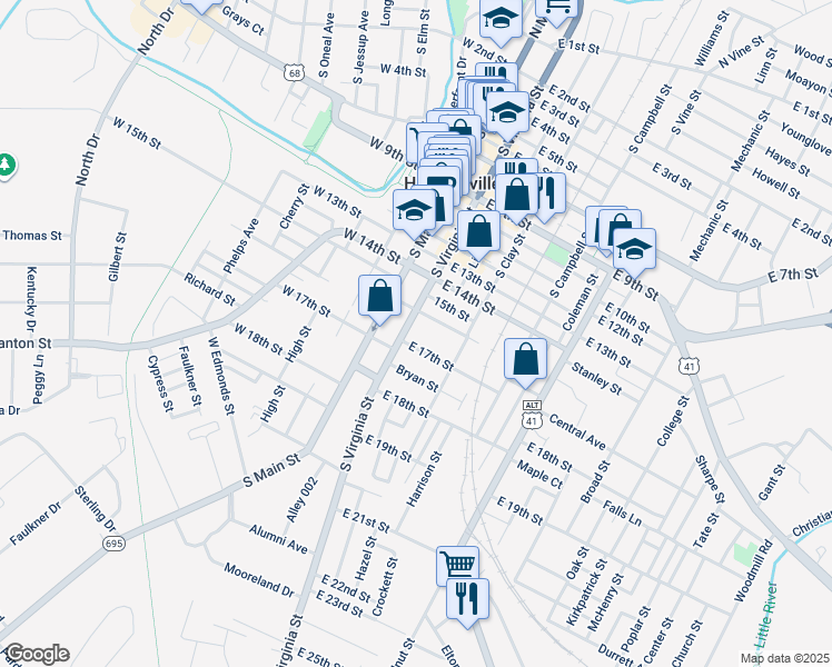 map of restaurants, bars, coffee shops, grocery stores, and more near 1610 South Virginia Street in Hopkinsville