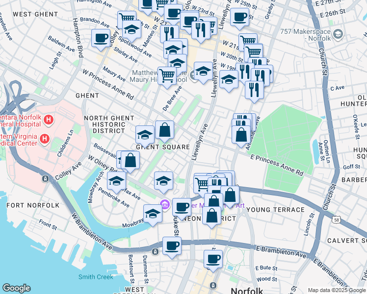 map of restaurants, bars, coffee shops, grocery stores, and more near 1023 Llewellyn Mews in Norfolk