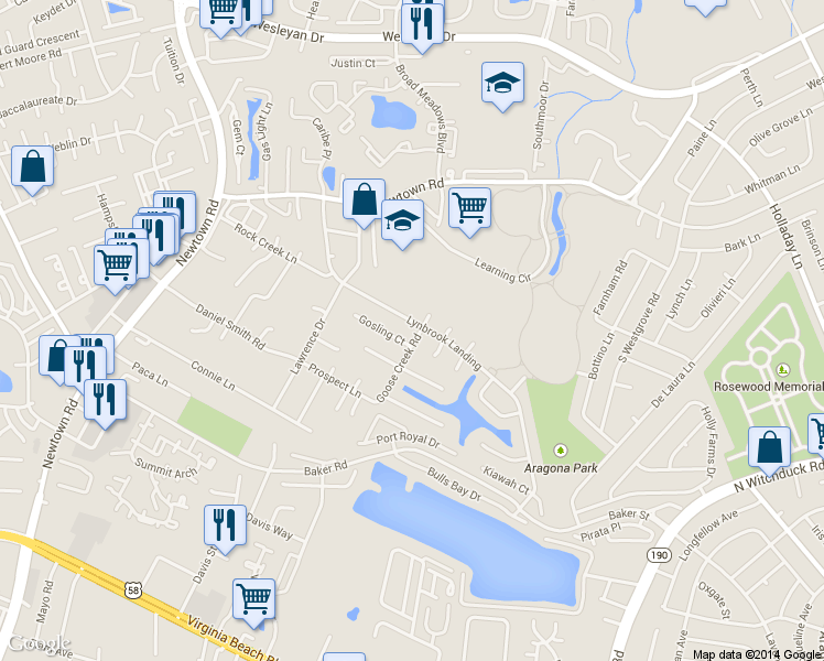 map of restaurants, bars, coffee shops, grocery stores, and more near 5421 Lynbrook Landing in Virginia Beach