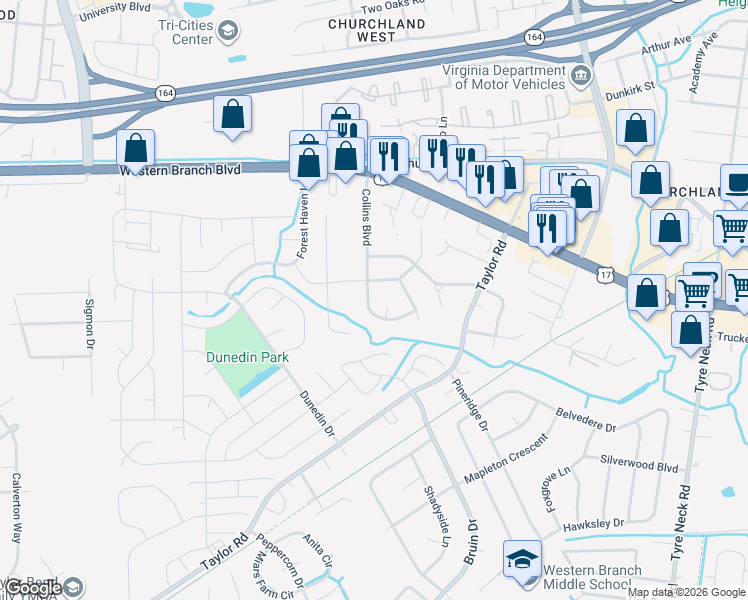 map of restaurants, bars, coffee shops, grocery stores, and more near 3427 Collins Boulevard in Chesapeake
