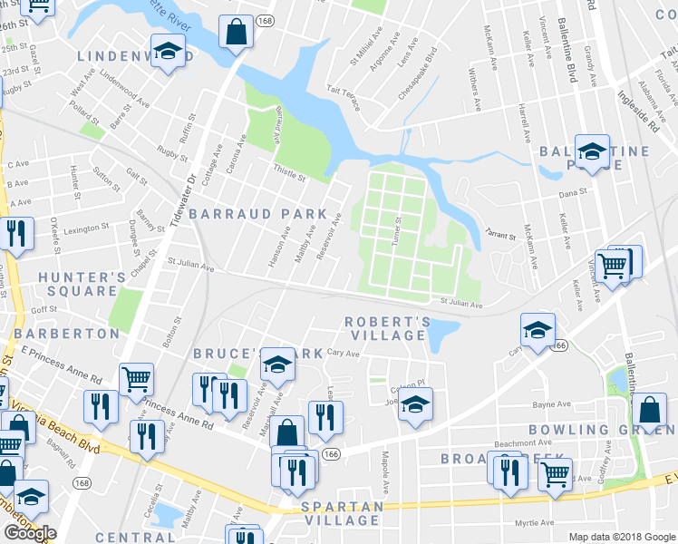 map of restaurants, bars, coffee shops, grocery stores, and more near 2220 Marshall Avenue in Norfolk