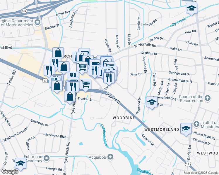 map of restaurants, bars, coffee shops, grocery stores, and more near 3205 Stamford Road in Portsmouth