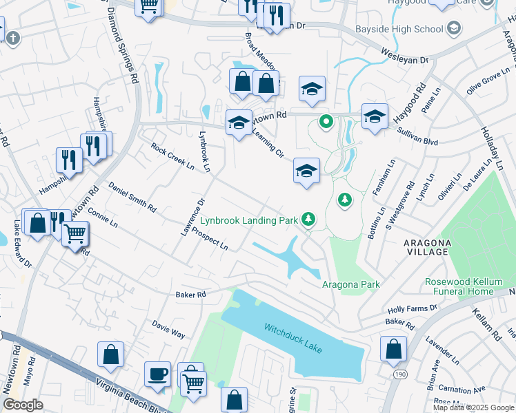 map of restaurants, bars, coffee shops, grocery stores, and more near 5421 Lynbrook Landing in Virginia Beach