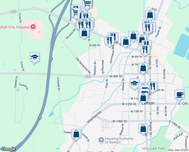 map of restaurants, bars, coffee shops, grocery stores, and more near 100 Rayburn Drive in Benton