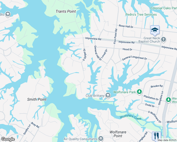 map of restaurants, bars, coffee shops, grocery stores, and more near 872 South Spigel Drive in Virginia Beach