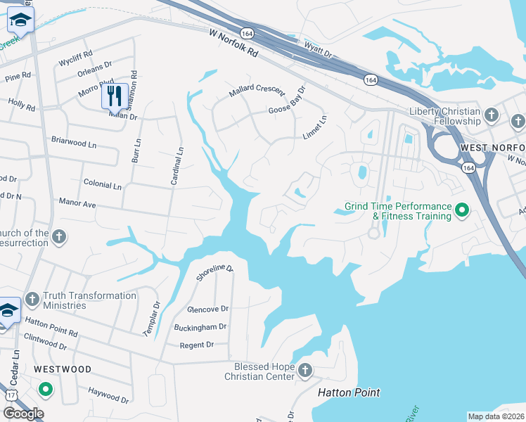 map of restaurants, bars, coffee shops, grocery stores, and more near 1701 Sawgrass Lane in Portsmouth