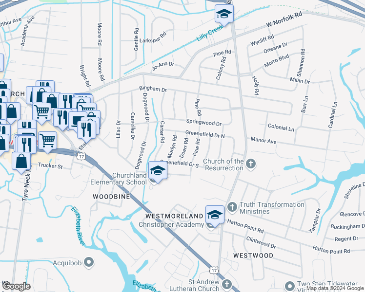 map of restaurants, bars, coffee shops, grocery stores, and more near 3516 Doerr Road in Portsmouth