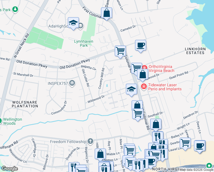 map of restaurants, bars, coffee shops, grocery stores, and more near 1014 Hanson Way in Virginia Beach