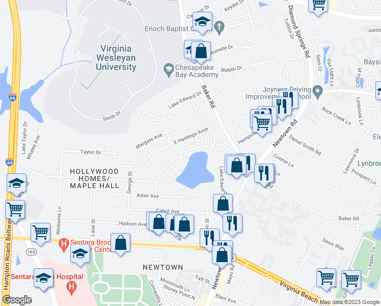 map of restaurants, bars, coffee shops, grocery stores, and more near 741 Lake Edward Drive in Virginia Beach