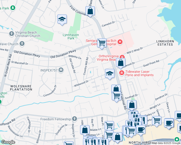 map of restaurants, bars, coffee shops, grocery stores, and more near 1826 Calash Way in Virginia Beach