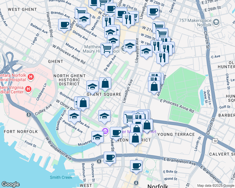 map of restaurants, bars, coffee shops, grocery stores, and more near 1027 Llewellyn Mews in Norfolk