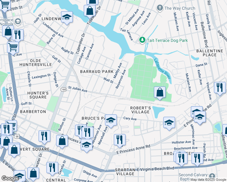 map of restaurants, bars, coffee shops, grocery stores, and more near 2213 Reservoir Avenue in Norfolk