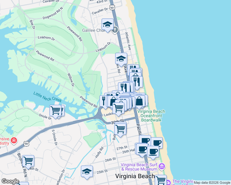 map of restaurants, bars, coffee shops, grocery stores, and more near 407 33rd Street in Virginia Beach