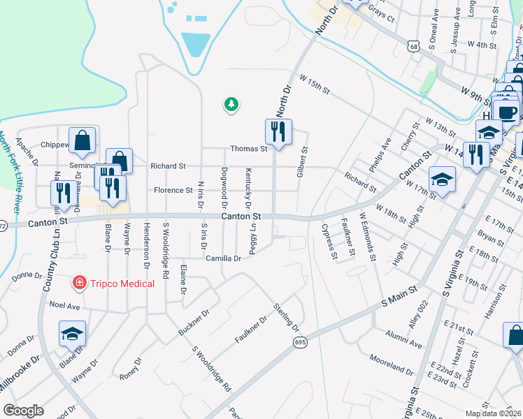map of restaurants, bars, coffee shops, grocery stores, and more near 2403 Canton Street in Hopkinsville