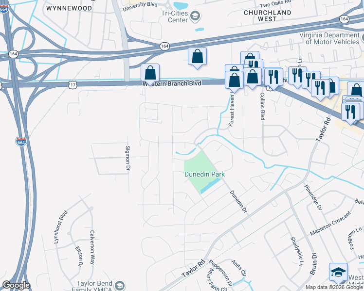map of restaurants, bars, coffee shops, grocery stores, and more near 3420 Dunedin Drive in Chesapeake
