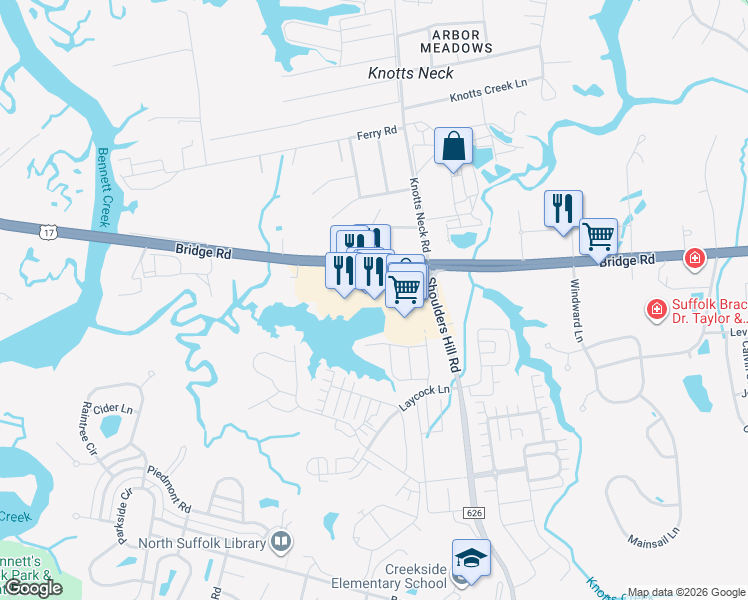 map of restaurants, bars, coffee shops, grocery stores, and more near 3575 Bridge Road in Suffolk