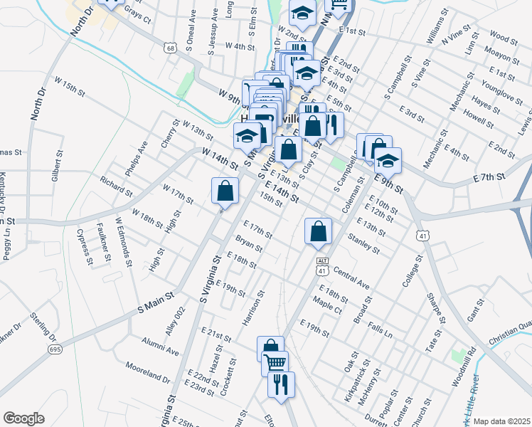 map of restaurants, bars, coffee shops, grocery stores, and more near 305 East 16th Street in Hopkinsville