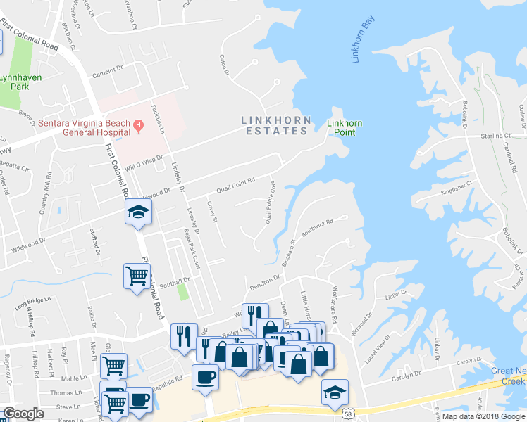 map of restaurants, bars, coffee shops, grocery stores, and more near 1600 Fenrose Court in Virginia Beach