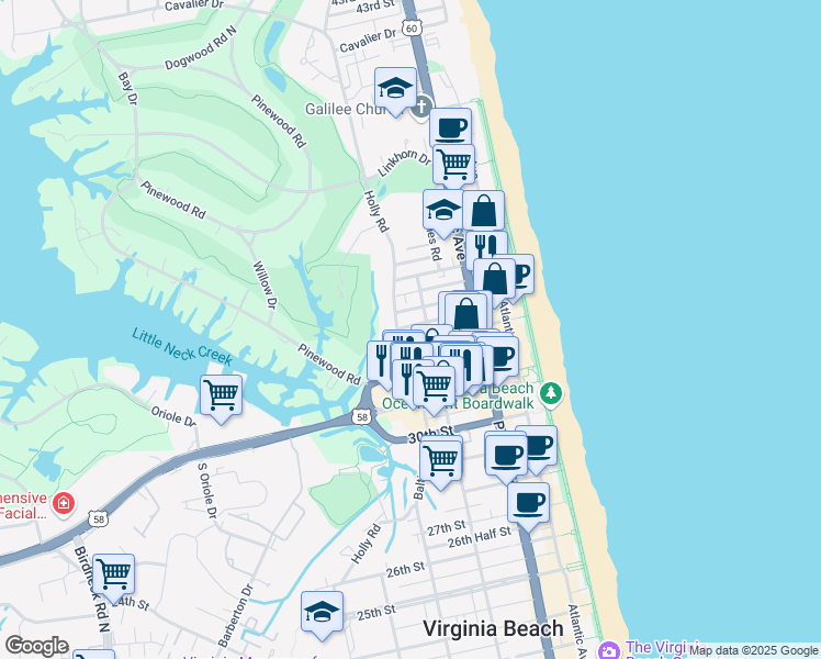 map of restaurants, bars, coffee shops, grocery stores, and more near 407 33rd Street in Virginia Beach
