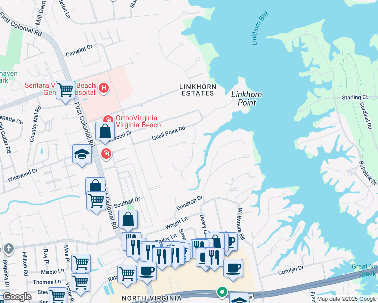 map of restaurants, bars, coffee shops, grocery stores, and more near 1600 Fenrose Court in Virginia Beach