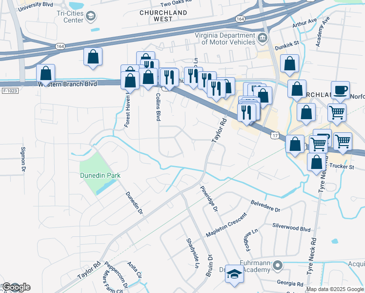 map of restaurants, bars, coffee shops, grocery stores, and more near 3421 Valleyjo Place in Chesapeake