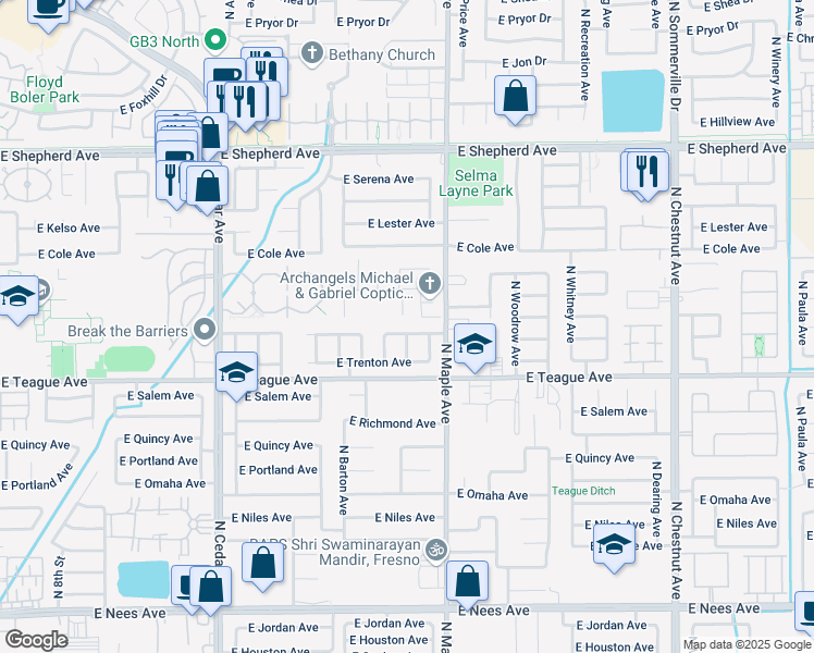 map of restaurants, bars, coffee shops, grocery stores, and more near 1868 East Utah Avenue in Fresno