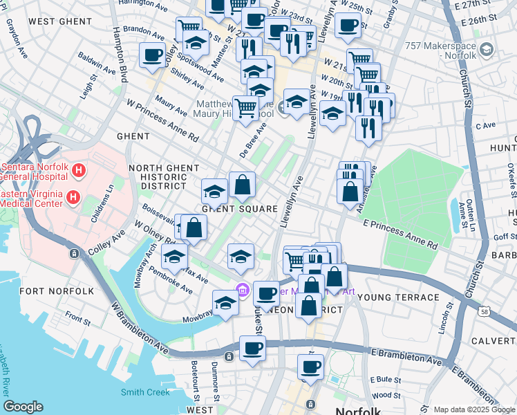 map of restaurants, bars, coffee shops, grocery stores, and more near 1023 Llewellyn Mews in Norfolk