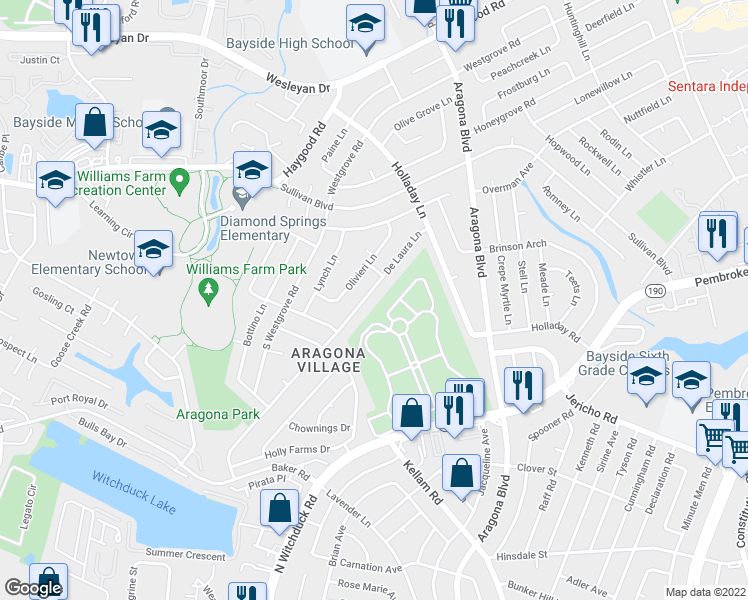 map of restaurants, bars, coffee shops, grocery stores, and more near 732 De Laura Lane in Virginia Beach