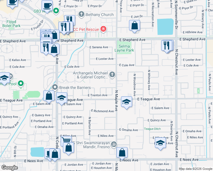 map of restaurants, bars, coffee shops, grocery stores, and more near 1868 East Utah Avenue in Fresno