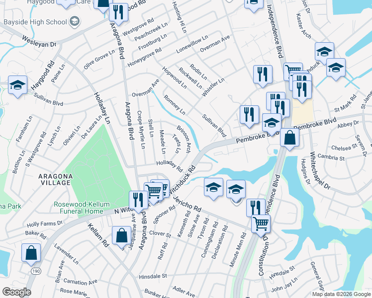 map of restaurants, bars, coffee shops, grocery stores, and more near 720 Teets Lane in Virginia Beach