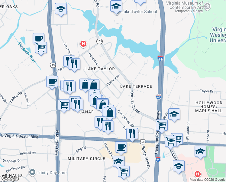map of restaurants, bars, coffee shops, grocery stores, and more near 1137 Pascal Place in Norfolk