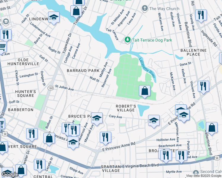 map of restaurants, bars, coffee shops, grocery stores, and more near 2220 Marshall Avenue in Norfolk