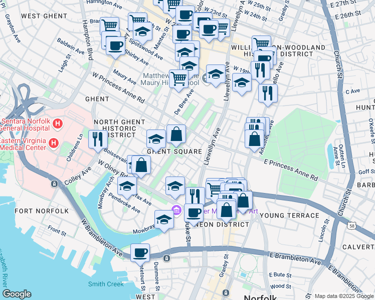 map of restaurants, bars, coffee shops, grocery stores, and more near 1023 Llewellyn Mews in Norfolk