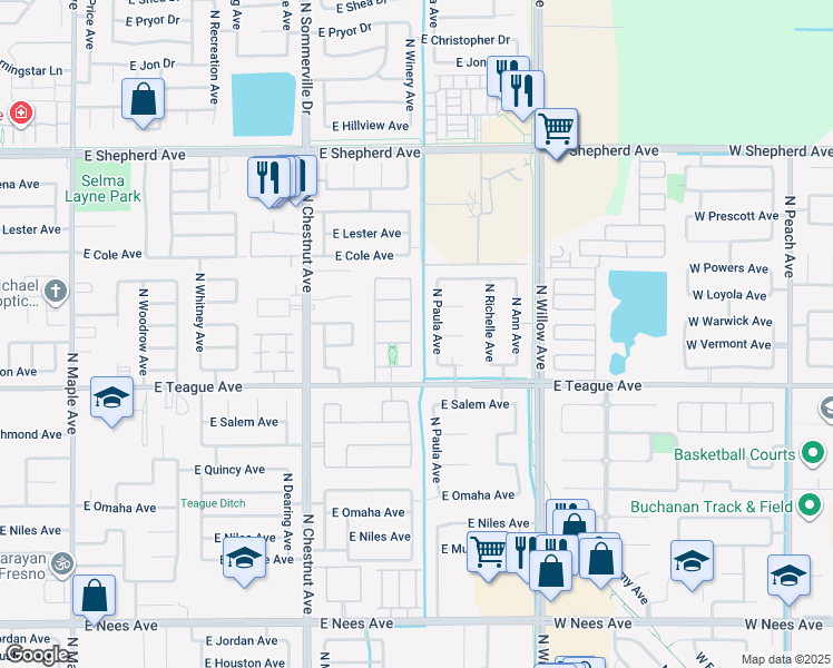 map of restaurants, bars, coffee shops, grocery stores, and more near 8598 North Heartland Way in Fresno