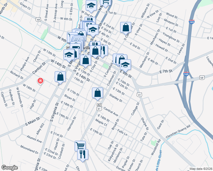 map of restaurants, bars, coffee shops, grocery stores, and more near 1301 Coleman Street in Hopkinsville