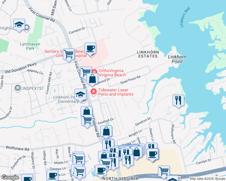 map of restaurants, bars, coffee shops, grocery stores, and more near 972 Lindsley Drive in Virginia Beach