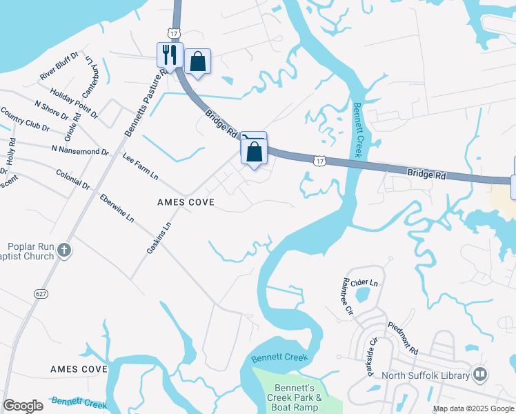 map of restaurants, bars, coffee shops, grocery stores, and more near 208 Creek Front Lane in Suffolk